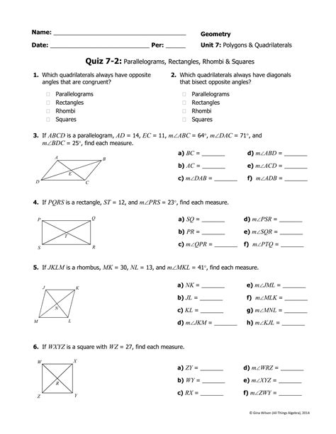 G 4. . Unit 6 quadrilaterals answer key